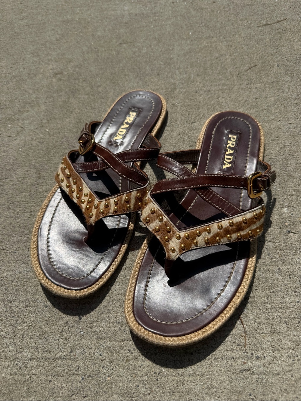 Prada Brown Pony Hair Zebra Print Leather Studded Crisscross Sandals - Picture 2 of 5